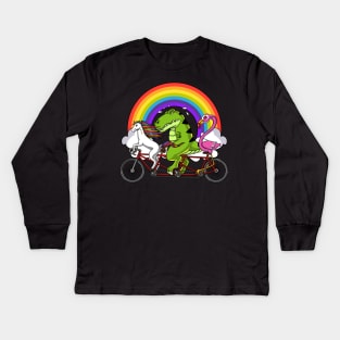 Unicorn Dinosaur Flamingo Riding Bicycle Kids Long Sleeve T-Shirt